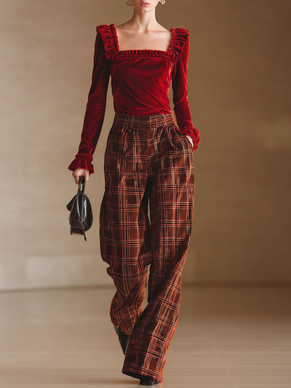 Elegant Red Velvet Square Neck Ruffled T-Shirt And Plaid Pants Set