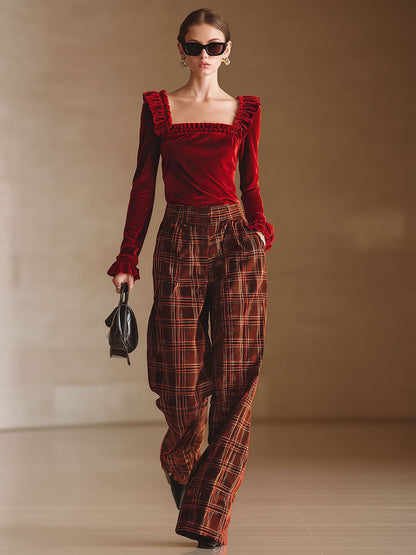 Elegant Red Velvet Square Neck Ruffled T-Shirt And Plaid Pants Set