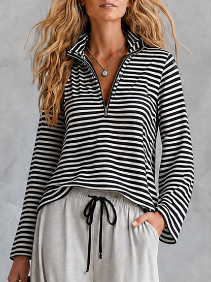 Casual Sporty Retro Half-Zip Black And White Striped Long-Sleeve T-Shirt