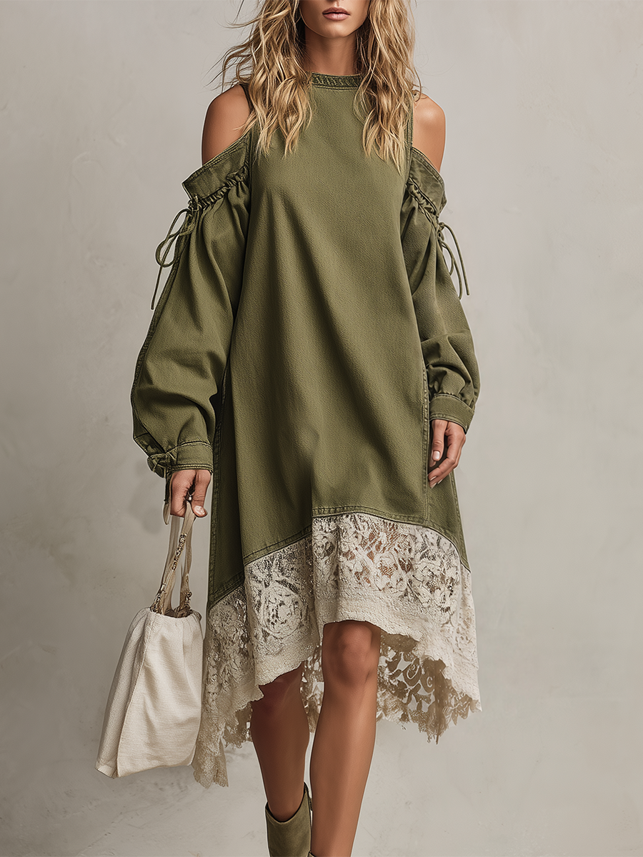 Bohemian Off-shoulder Lace-up Lace Denim Dress