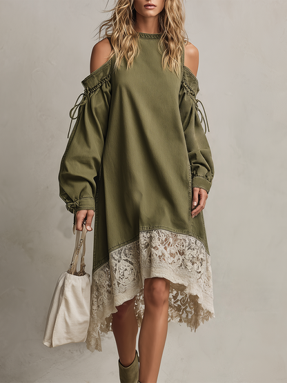 Bohemian Off-shoulder Lace-up Lace Denim Dress