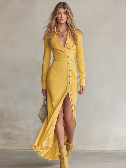 Western Vintage Diagonal-button Slit Denim Dress