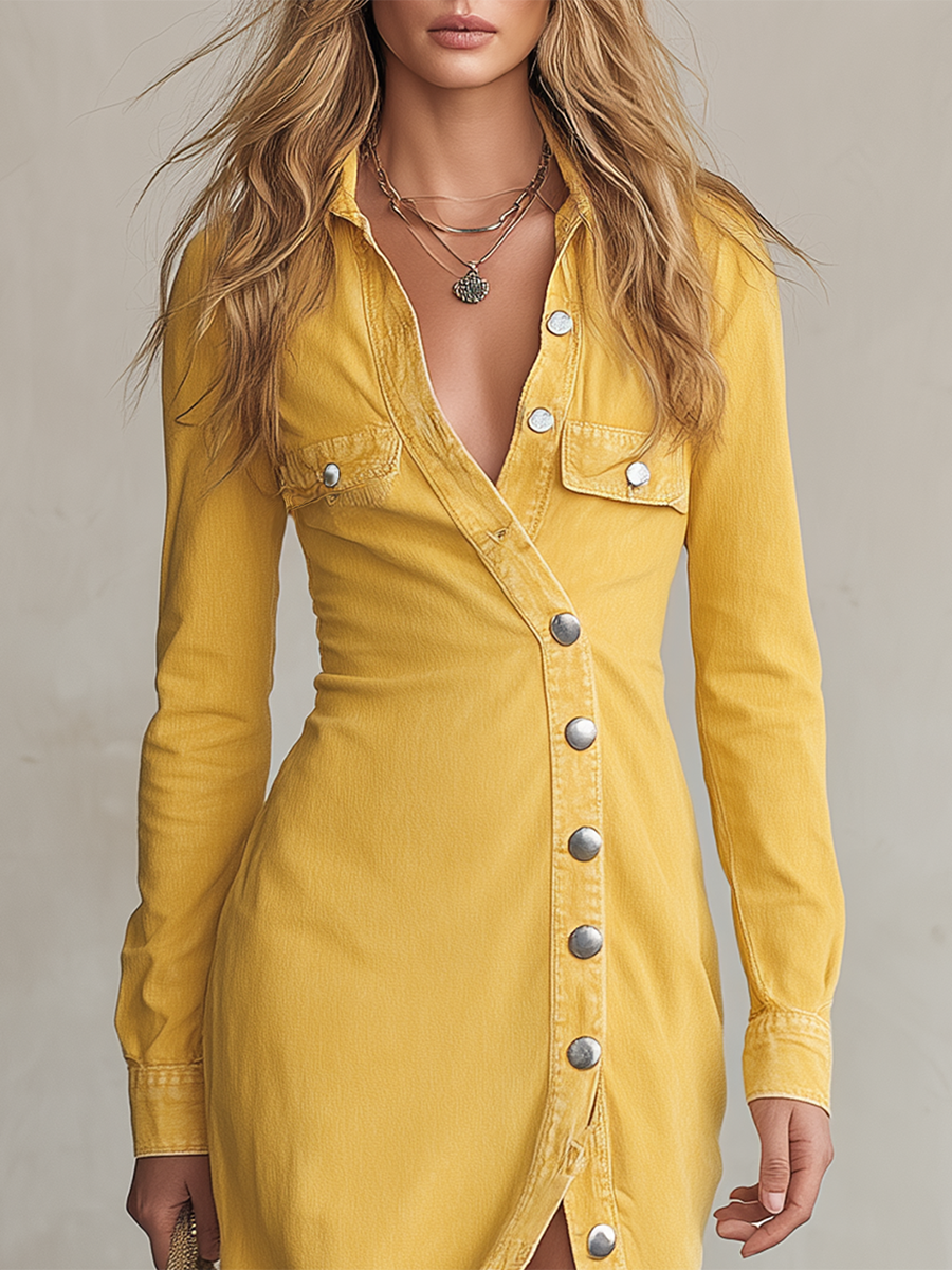Western Vintage Diagonal-button Slit Denim Dress
