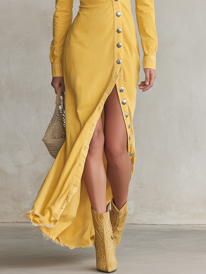 Western Vintage Diagonal-button Slit Denim Dress