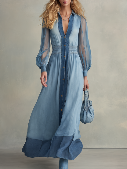 Vintage Sheer Lantern-sleeve Contrast-panel Denim Dress