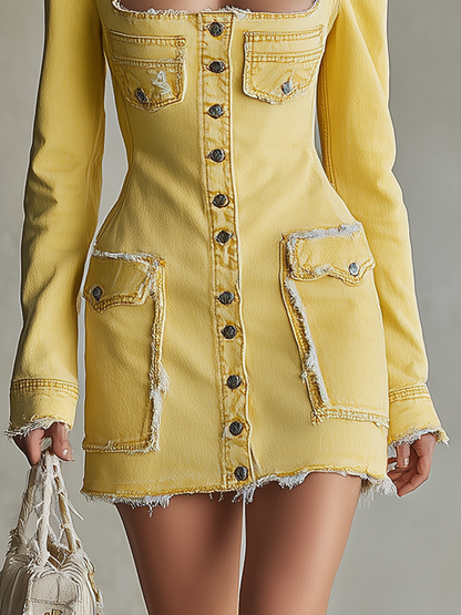 American Vintage Flap-pocket Raw-hem Denim Mini Dress