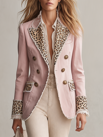 Light-luxury Leopard-panel Raw-edge Denim Blazer