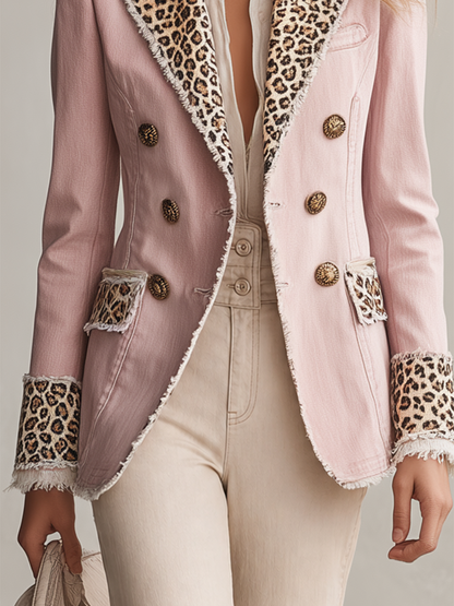 Light-luxury Leopard-panel Raw-edge Denim Blazer