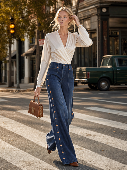 Retro Dark-blue High-waist Side-button Wide-leg Flare Jeans