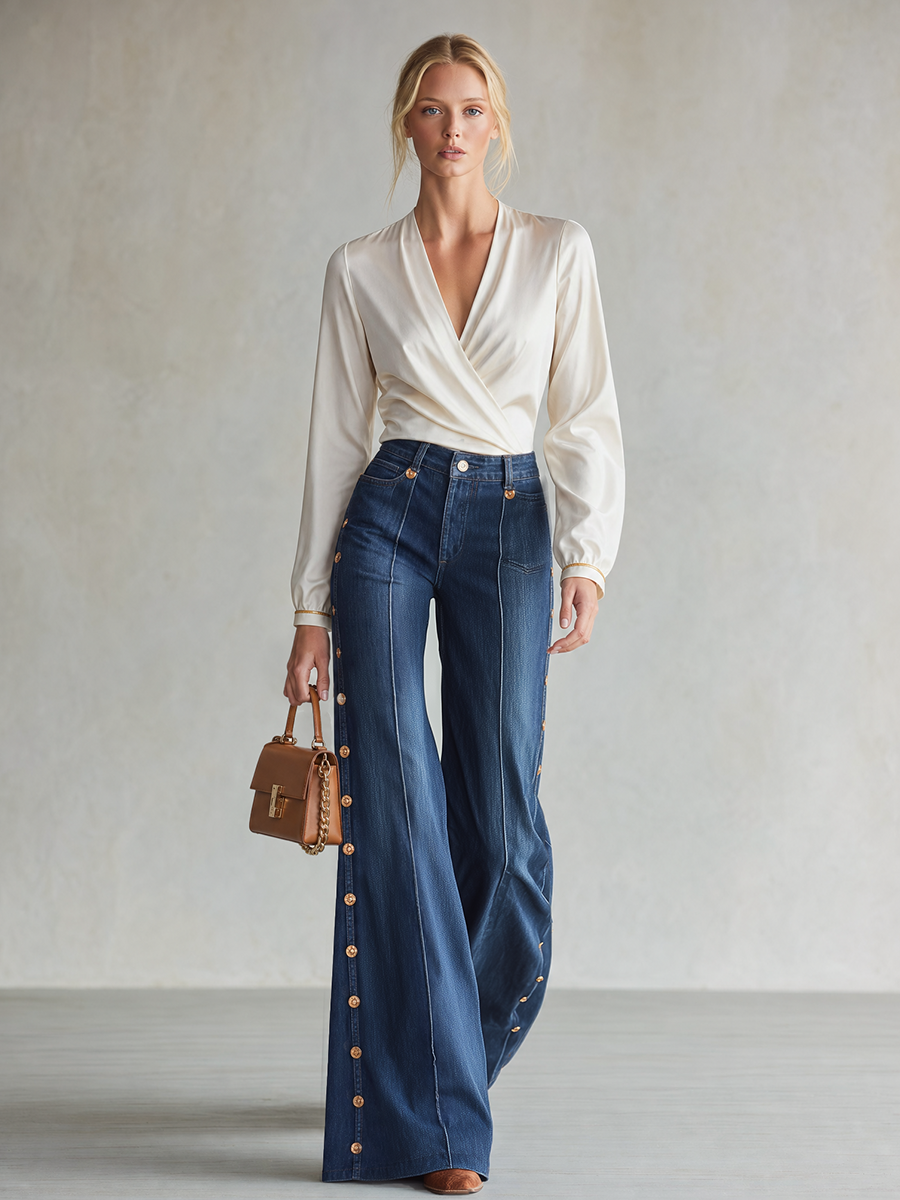 Retro Dark-blue High-waist Side-button Wide-leg Flare Jeans