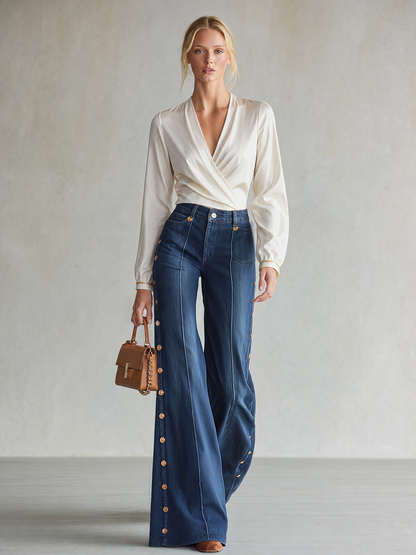 Retro Dark-blue High-waist Side-button Wide-leg Flare Jeans