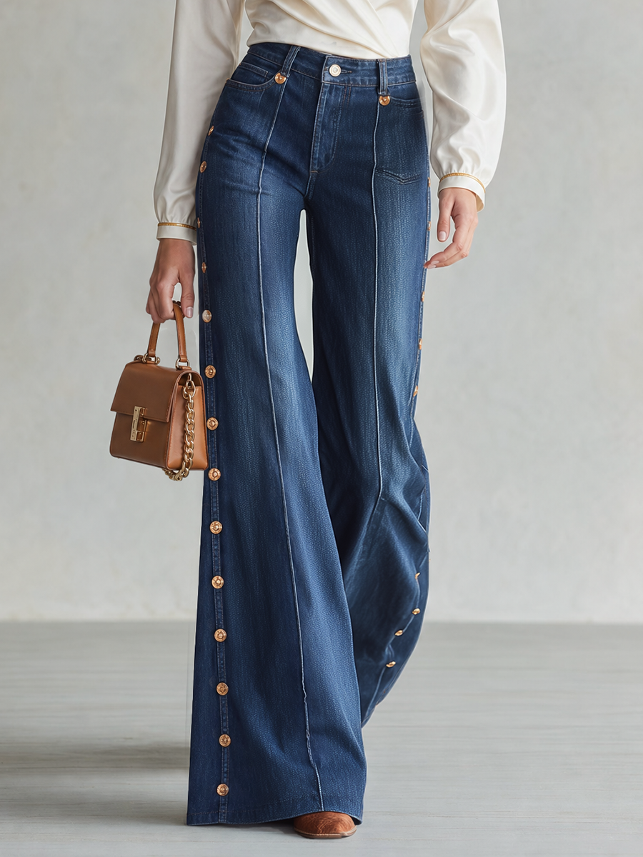 Retro Dark-blue High-waist Side-button Wide-leg Flare Jeans