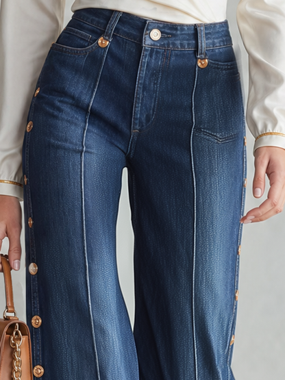 Retro Dark-blue High-waist Side-button Wide-leg Flare Jeans