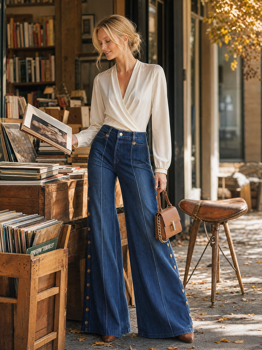 Retro Dark-blue High-waist Side-button Wide-leg Flare Jeans