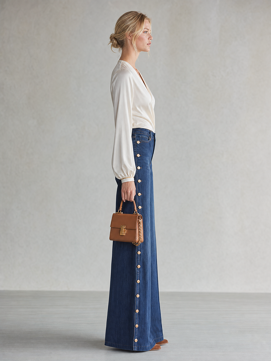 Retro Dark-blue High-waist Side-button Wide-leg Flare Jeans
