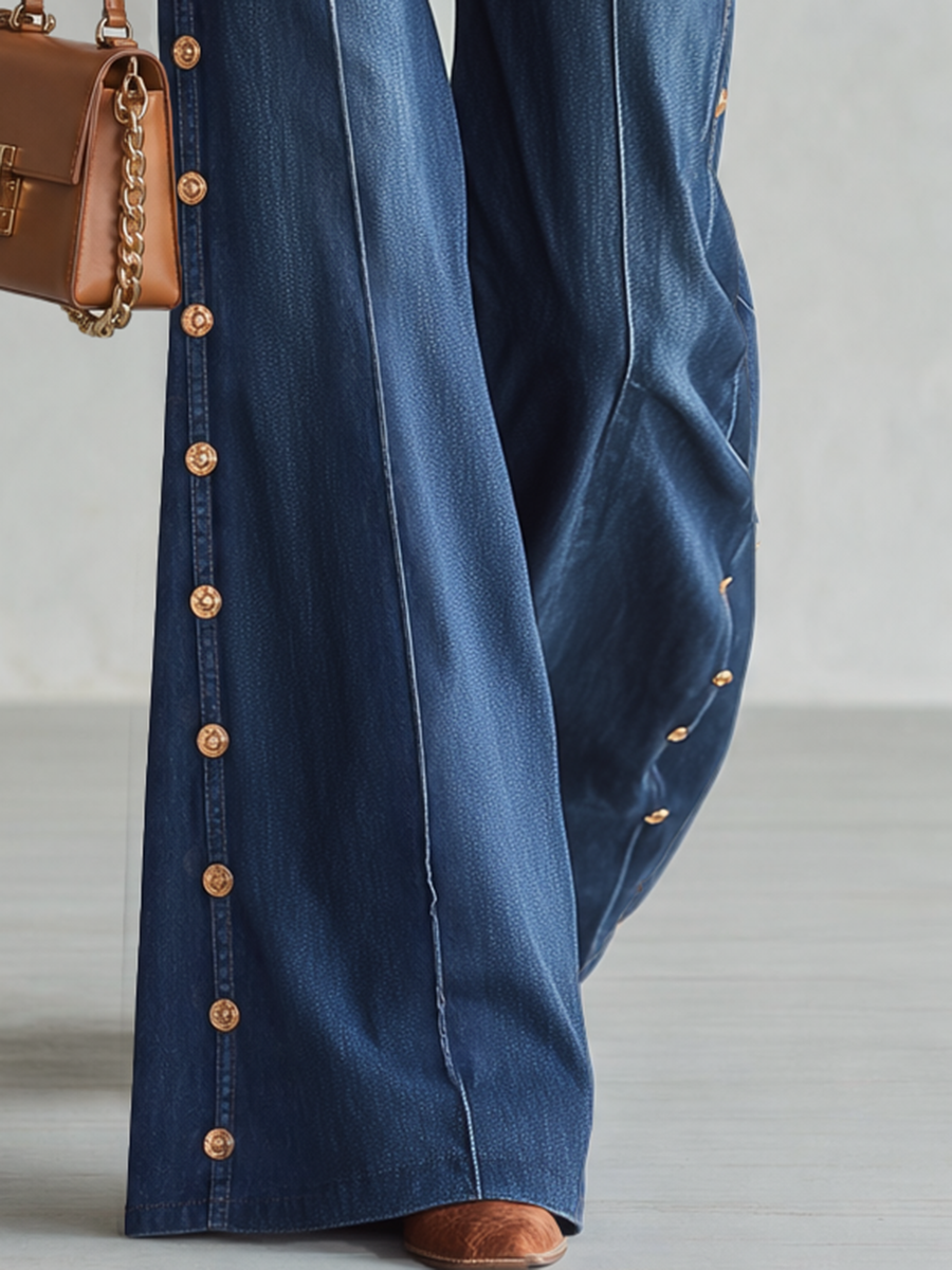 Retro Dark-blue High-waist Side-button Wide-leg Flare Jeans