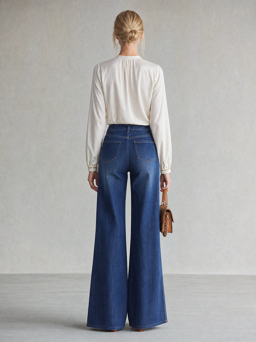 Retro Dark-blue High-waist Side-button Wide-leg Flare Jeans