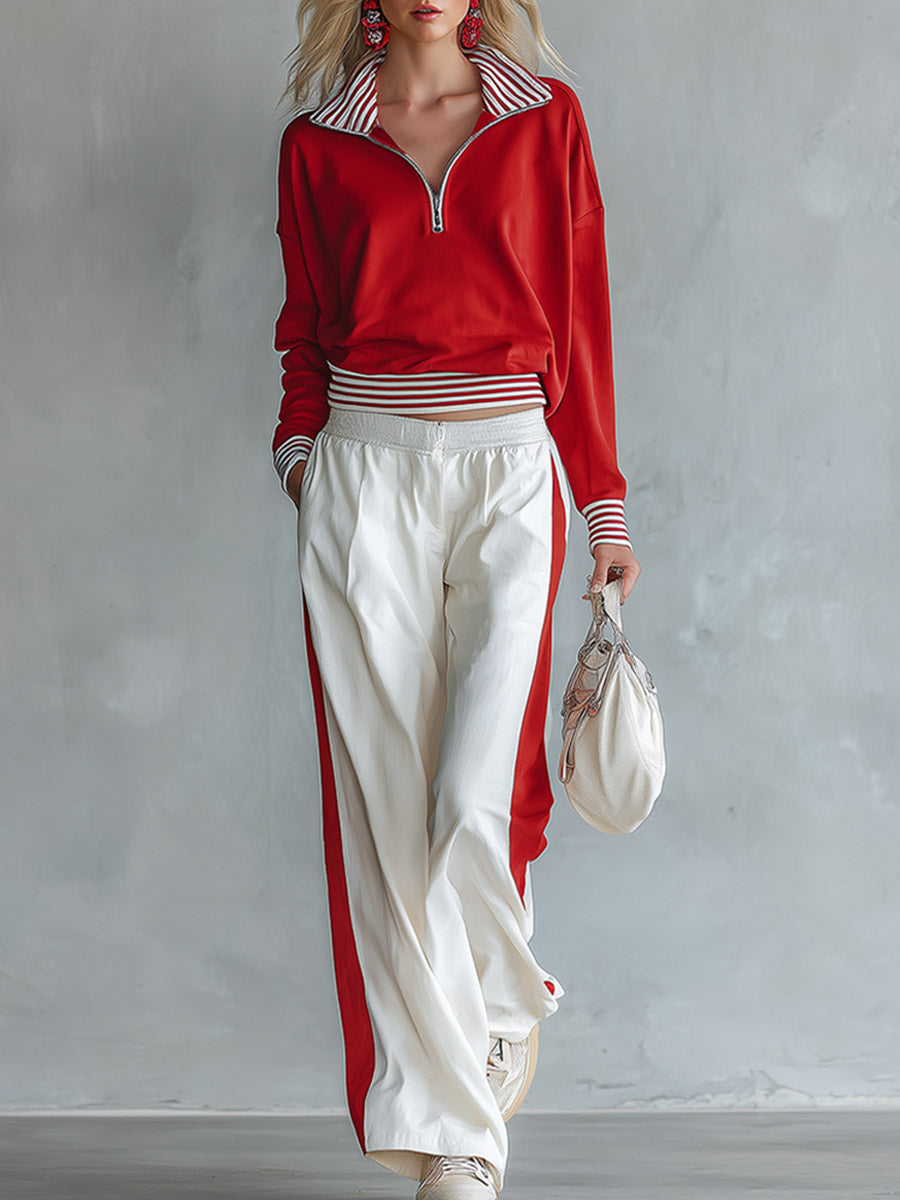Casual-chic Striped-trim Red Sweatshirt And White Wide-leg Pants Athleisure Set