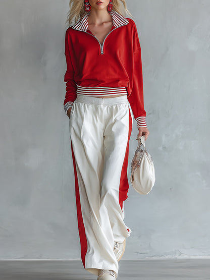 Casual-chic Striped-trim Red Sweatshirt And White Wide-leg Pants Athleisure Set