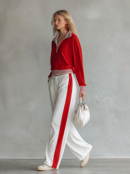 Casual-chic Striped-trim Red Sweatshirt And White Wide-leg Pants Athleisure Set