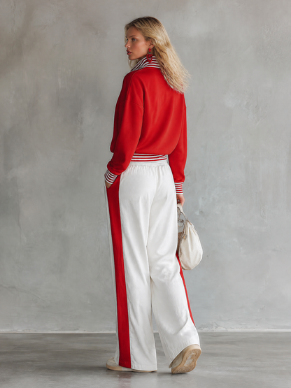 Casual-chic Striped-trim Red Sweatshirt And White Wide-leg Pants Athleisure Set