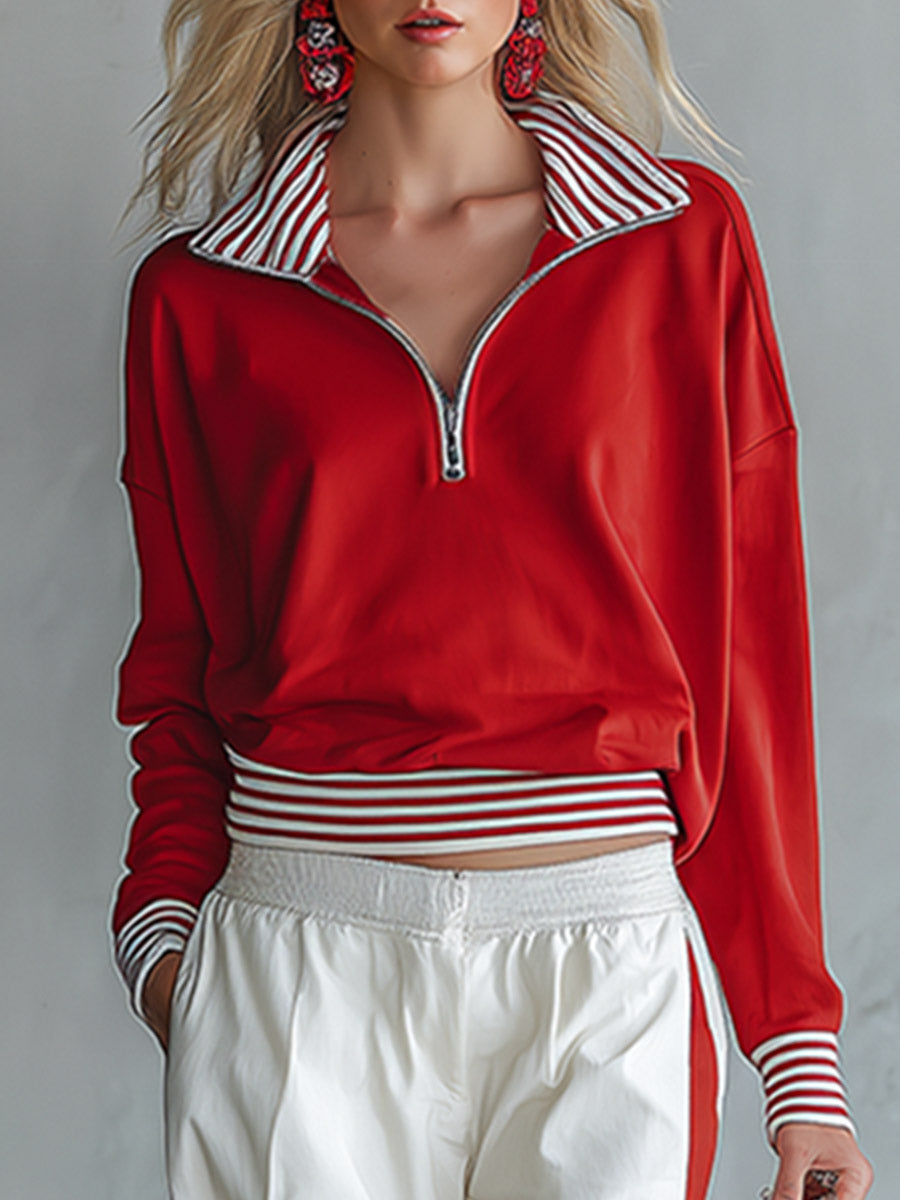 Casual-chic Striped-trim Red Sweatshirt And White Wide-leg Pants Athleisure Set