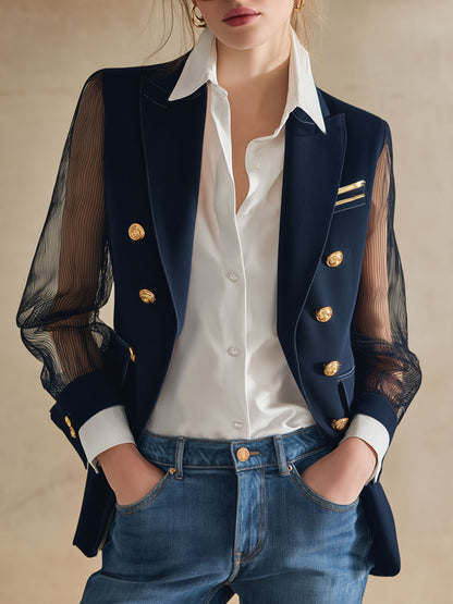 Simple And Stylish Navy Blue Chiffon Sleeve Blazer