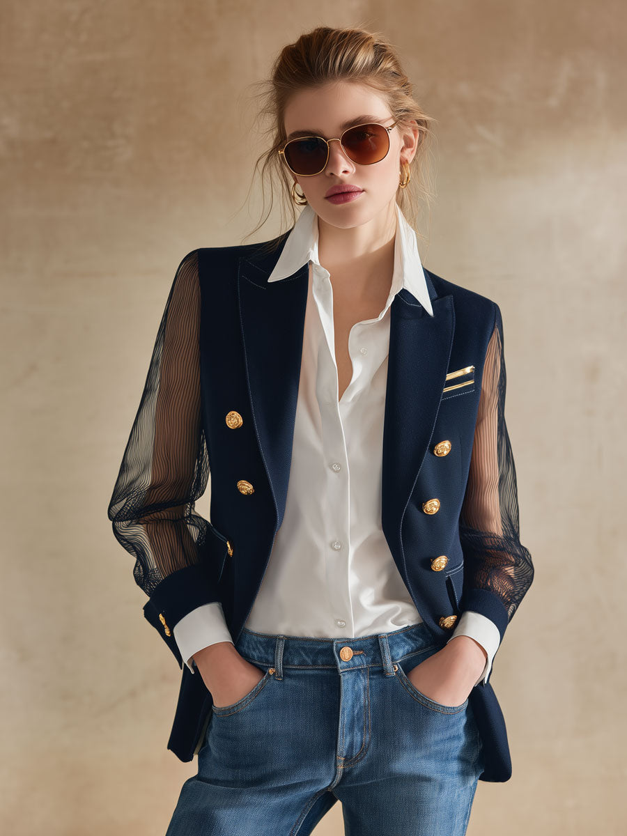 Simple And Stylish Navy Blue Chiffon Sleeve Blazer