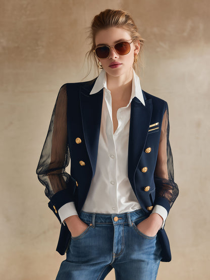 Simple And Stylish Navy Blue Chiffon Sleeve Blazer