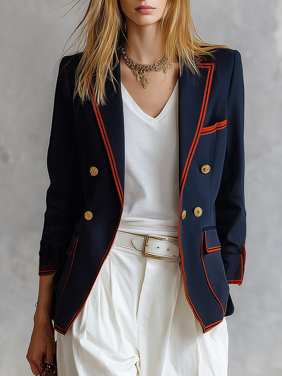 Retro Casual Style With Orange Piping Loose-fitting Navy Blue Blazer