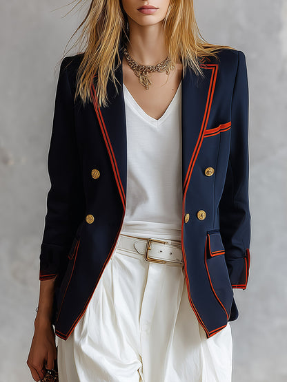 Retro Casual Style With Orange Piping Loose-fitting Navy Blue Blazer