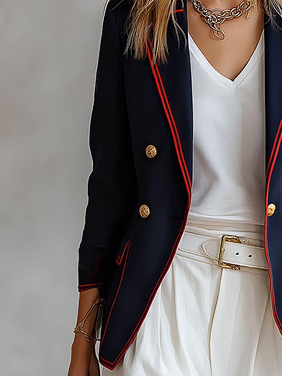 Retro Casual Style With Orange Piping Loose-fitting Navy Blue Blazer
