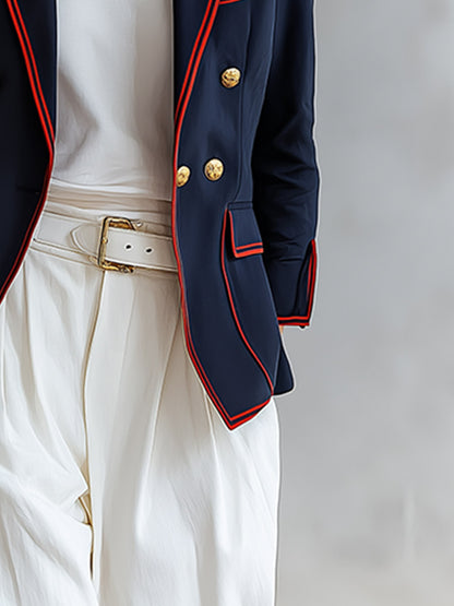 Retro Casual Style With Orange Piping Loose-fitting Navy Blue Blazer