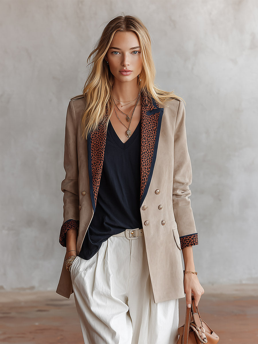 Retro Casual Bound Edges Faux Suede Leopard-Print Lapel Blazer