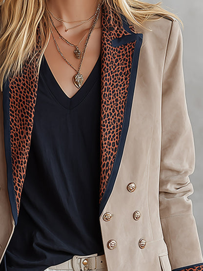Retro Casual Bound Edges Faux Suede Leopard-Print Lapel Blazer