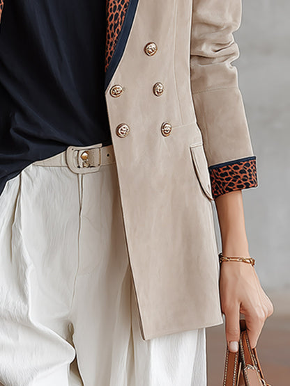 Retro Casual Bound Edges Faux Suede Leopard-Print Lapel Blazer