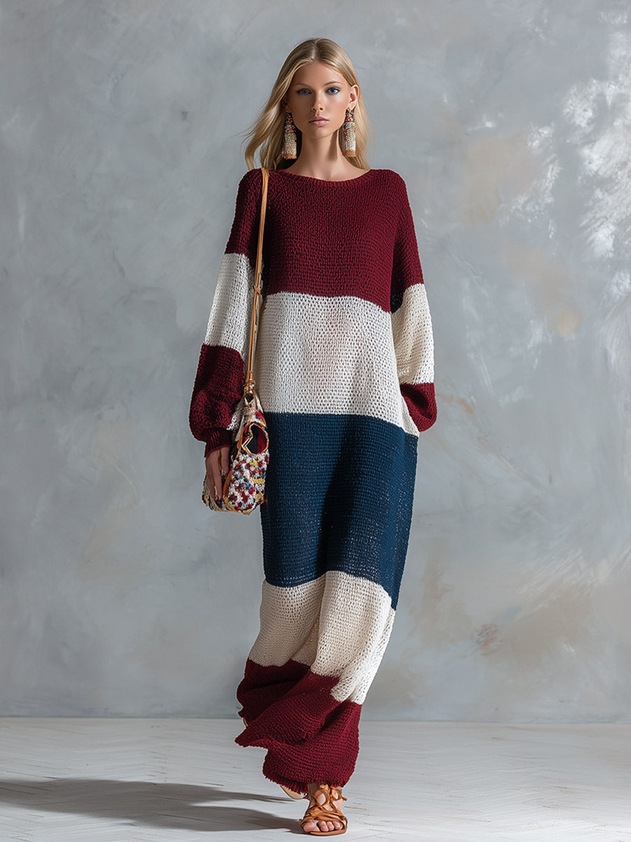 Elegant And Stylish Color-block Long-sleeved Knit Maxi Dress