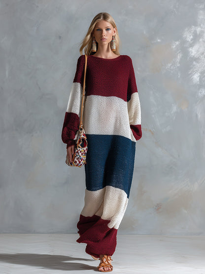 Elegant And Stylish Color-block Long-sleeved Knit Maxi Dress