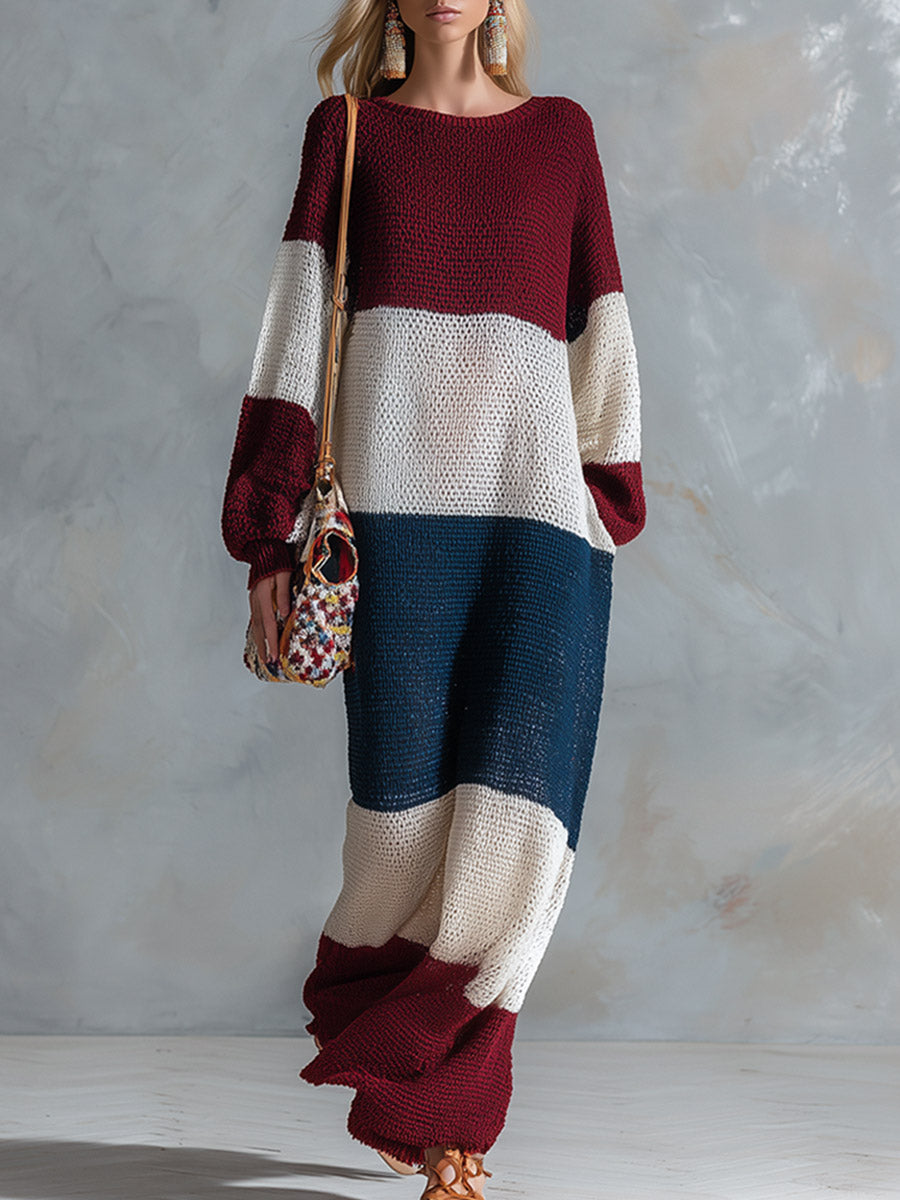 Elegant And Stylish Color-block Long-sleeved Knit Maxi Dress