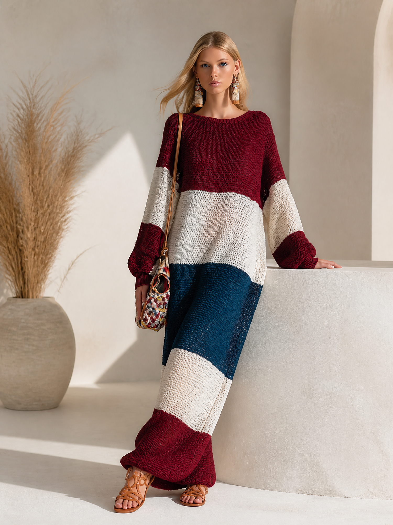 Elegant And Stylish Color-block Long-sleeved Knit Maxi Dress