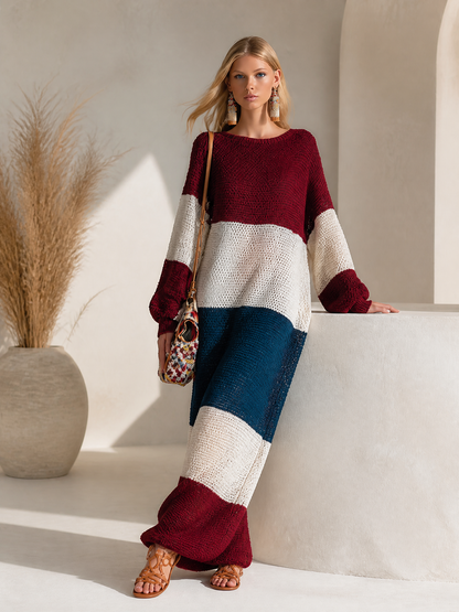 Elegant And Stylish Color-block Long-sleeved Knit Maxi Dress