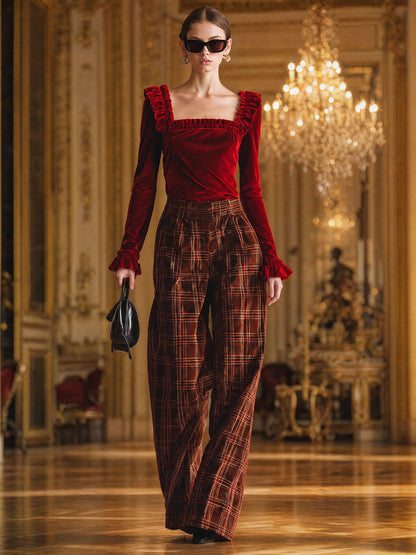 Elegant Red Velvet Square Neck Ruffled T-Shirt And Plaid Pants Set