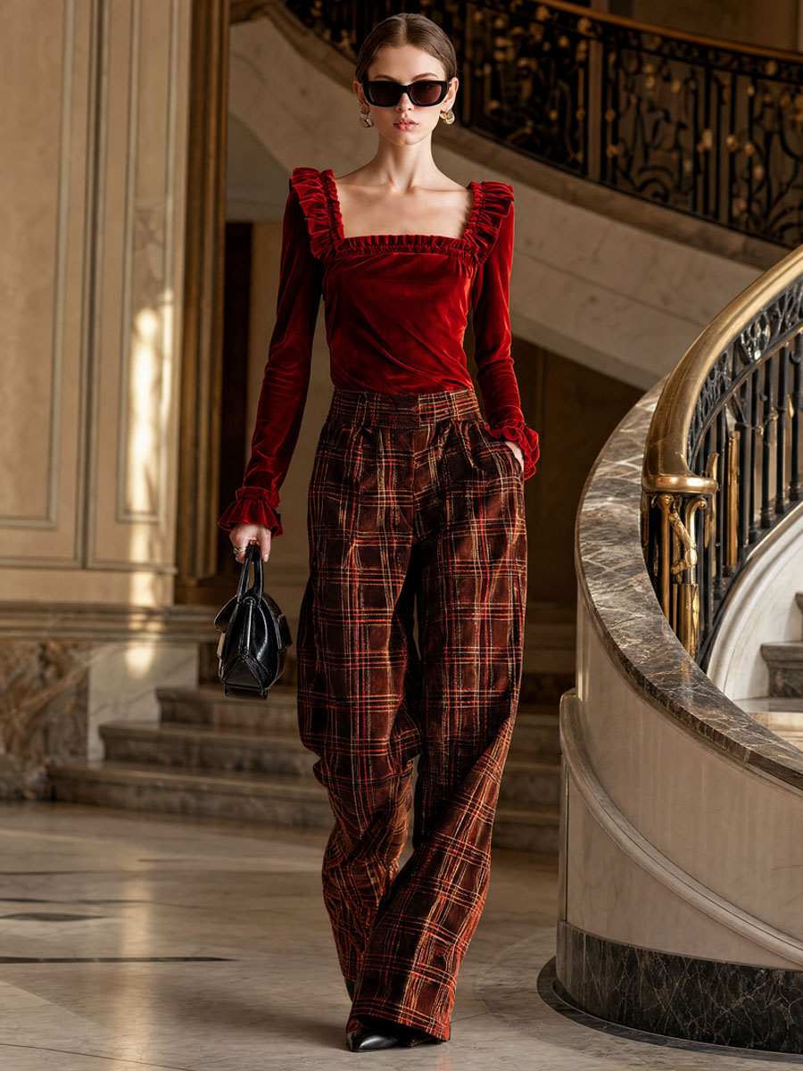 Elegant Red Velvet Square Neck Ruffled T-Shirt And Plaid Pants Set