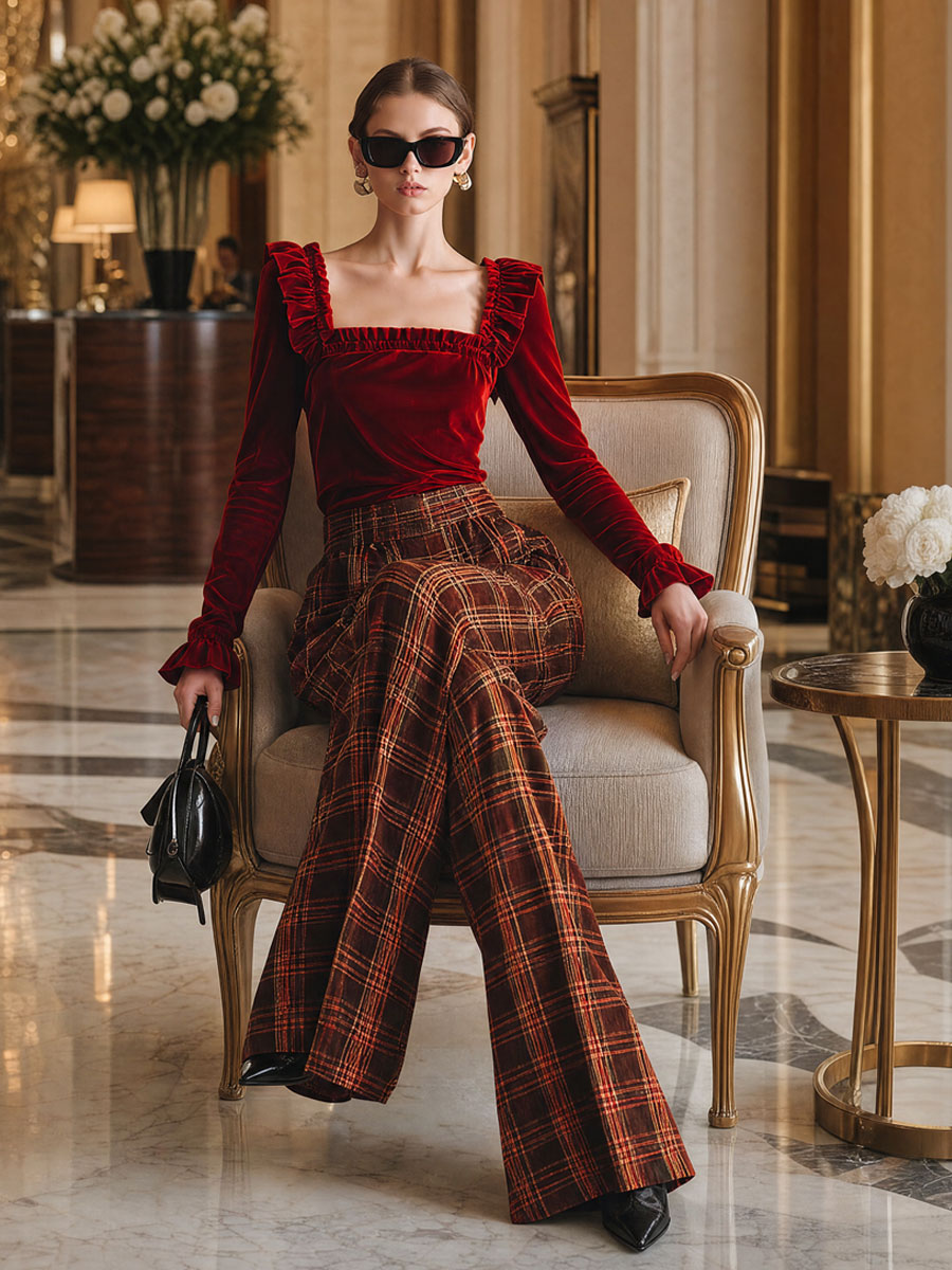 Elegant Red Velvet Square Neck Ruffled T-Shirt And Plaid Pants Set