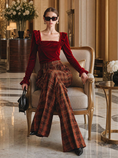 Elegant Red Velvet Square Neck Ruffled T-Shirt And Plaid Pants Set