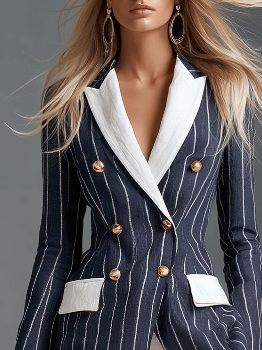 Coastal Navy Pinstripe Contrast-Lapel Double-Breasted Gold-Button Fitted Cotton-Linen Blazer