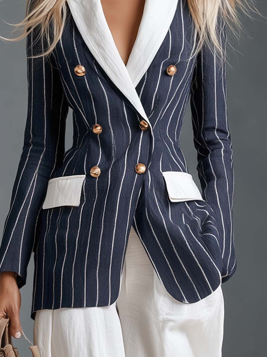 Coastal Navy Pinstripe Contrast-Lapel Double-Breasted Gold-Button Fitted Cotton-Linen Blazer