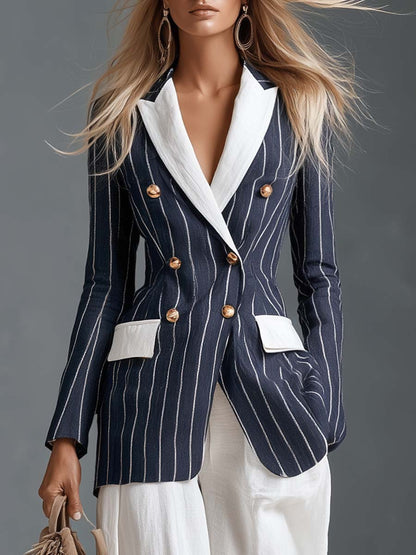 Coastal Navy Pinstripe Contrast-Lapel Double-Breasted Gold-Button Fitted Cotton-Linen Blazer