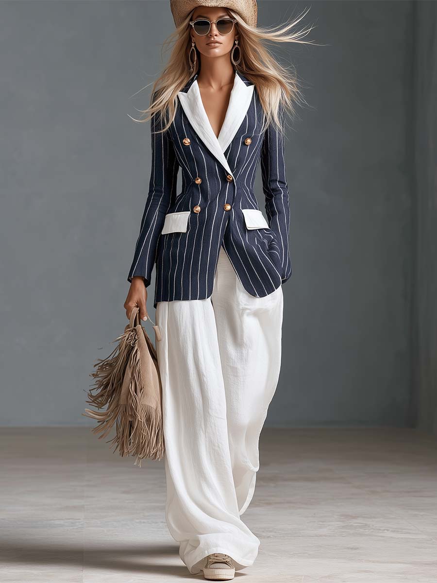 Coastal Navy Pinstripe Contrast-Lapel Double-Breasted Gold-Button Fitted Cotton-Linen Blazer