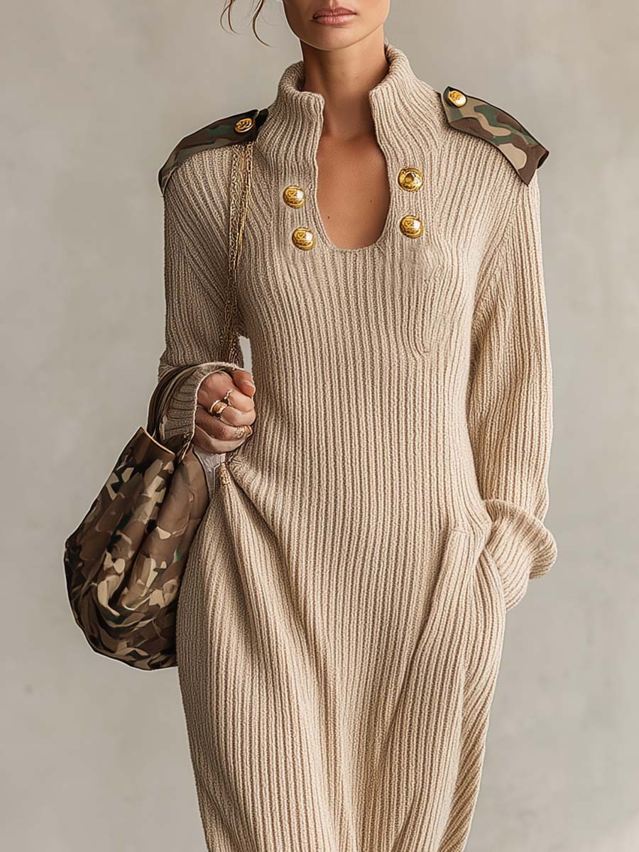 Elevated Oatmeal Ribbed Knit High-Neck Epaulette Long-Sleeve Sweater Maxi Dress